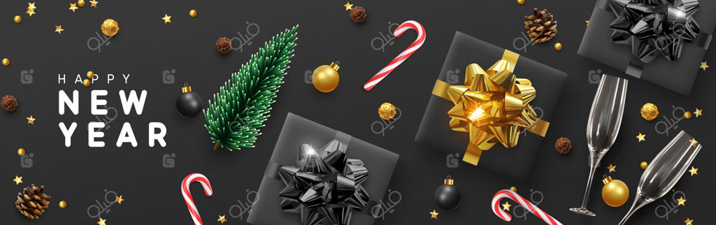 بنر سال نو مبارک، ستاره طلایی درخشان کریسمس با جعبه‌های هدیه و عینک‌های طلایی. پوسترهای افقی کریسمس، کارت‌های تبریک و سربرگ‌های وب‌سایت. اشیاء از نمای بالا. چیدمان تخت