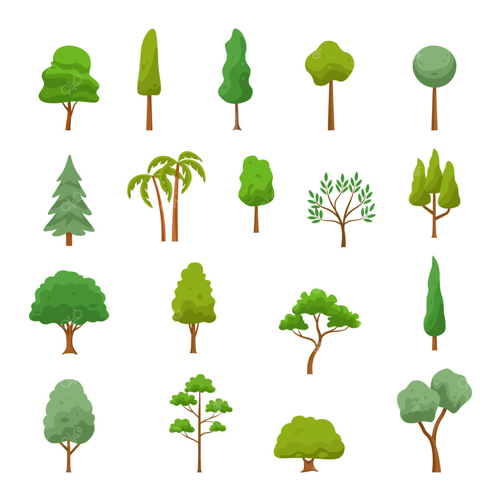 مجموعه آیکون درخت و درختان جنگلی با طراحی کارتونی