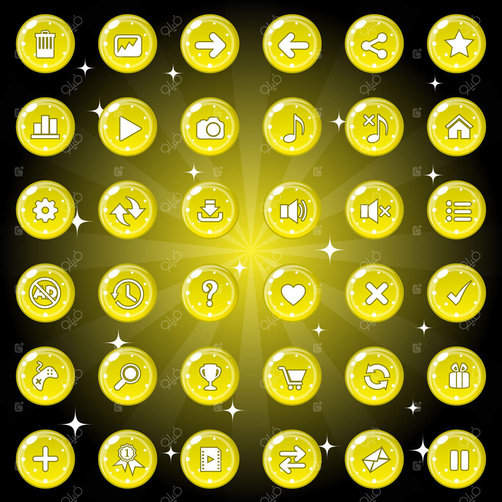 طراحی دکمه‌ها و آیکون‌ها برای بازی یا وب با رنگ زرد.