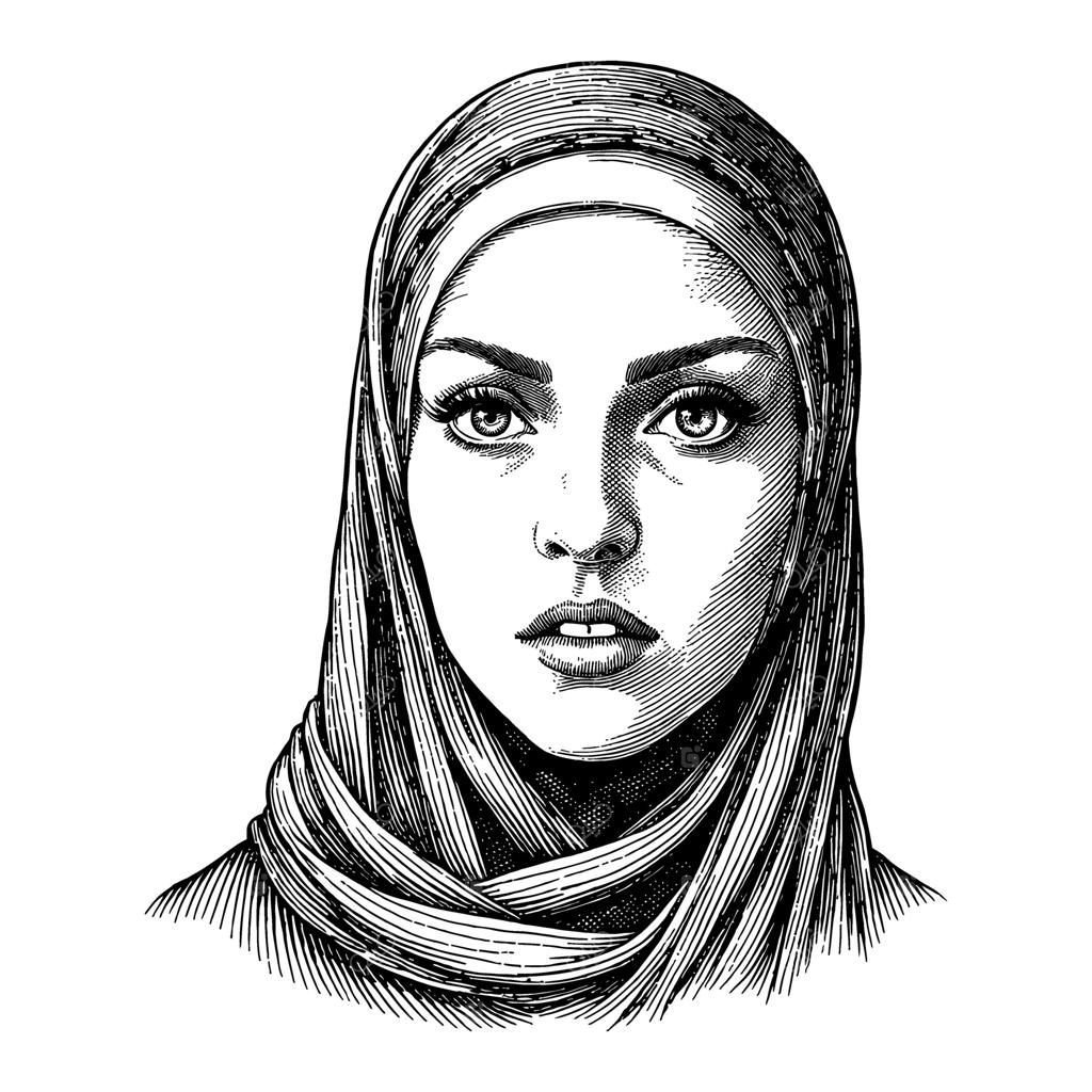 طراحی خطی و سیاه و سفید پرتره کلوزآپ زن باحجاب با چهره جدی