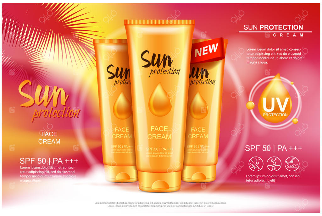 کرم ضدآفتاب، محصولات آرایشی محافظت از پوست در مقابل آفتاب. تصویرسازی برای مجله و قالب آگهی.