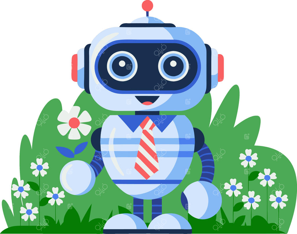تصویر ربات بامزه‌ با کراوات و گل در باغچه