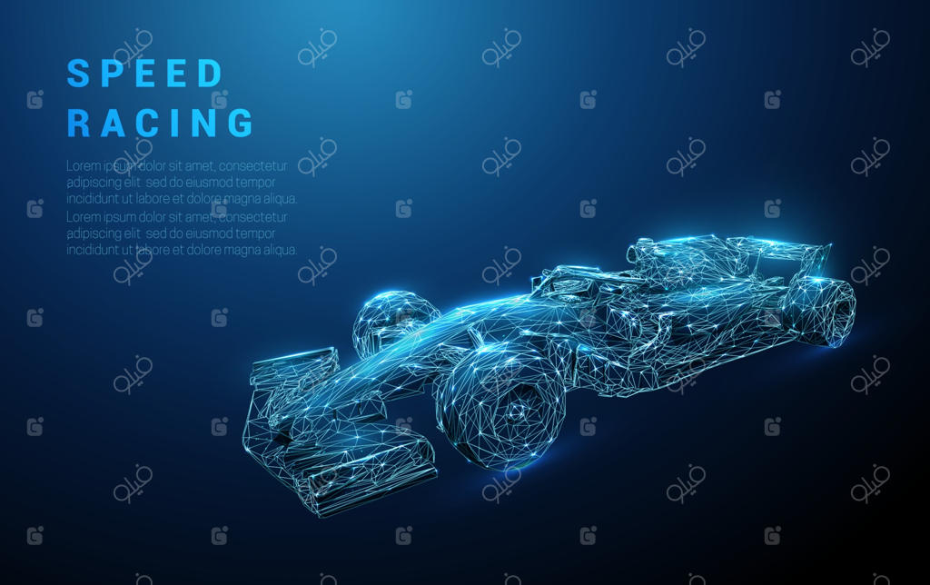 خودروی مسابقه‌ای سریع و آبی‌رنگ با طراحی انتزاعی