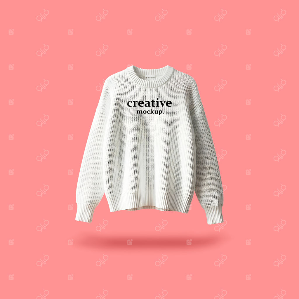 موکاپ پلیور سفید با پس‌زمینه گل‌بهی