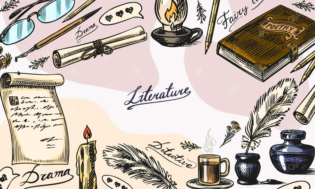 پس‌زمینه ادبیات: جوهر و قلم، ماشین تحریر، قهوه و چراغ، انبوهی از کتاب‌ها و انشا درسی معلم