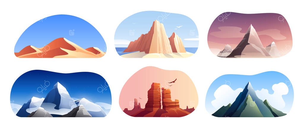 منظره‌نگاری صخره‌ها و کوه‌ها با صحنه‌های بیابانی و صخره‌های شنی در پس‌زمینه آسمان صاف - تصویر برداری