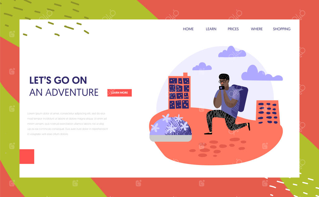 قالب صفحه فرود گردشگری و سفر: مفهوم سفر شخصیت‌های کارتونی در تعطیلات. مردی با دوربین عکاسی برای وب‌سایت یا صفحه وب. تصویرسازی وکتور