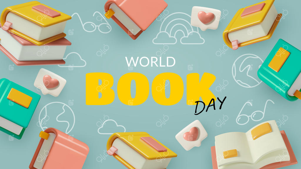 بنر روز جهانی کتاب و مفهوم خواندن با کتاب‌های سه‌بعدی در پس‌زمینه سبز