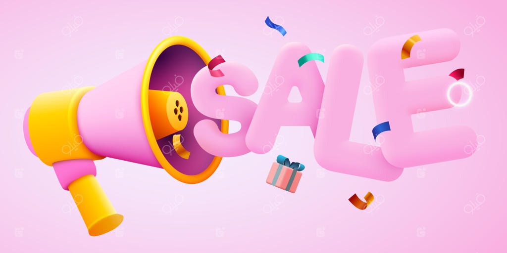 ماکت فروش و اعلام تخفیف با دست سه‌بعدی و بلندگوی گوشی هوشمند