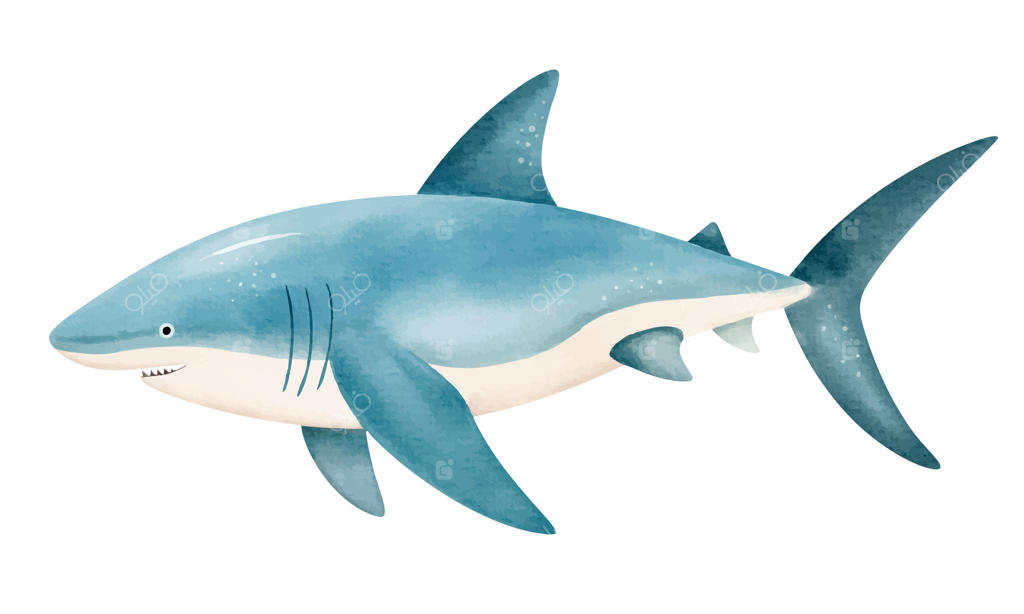 کوسه آبرنگی بامزه. شخصیت دست‌کشیده زیر آب. جانوران دریایی. ساکن اقیانوس