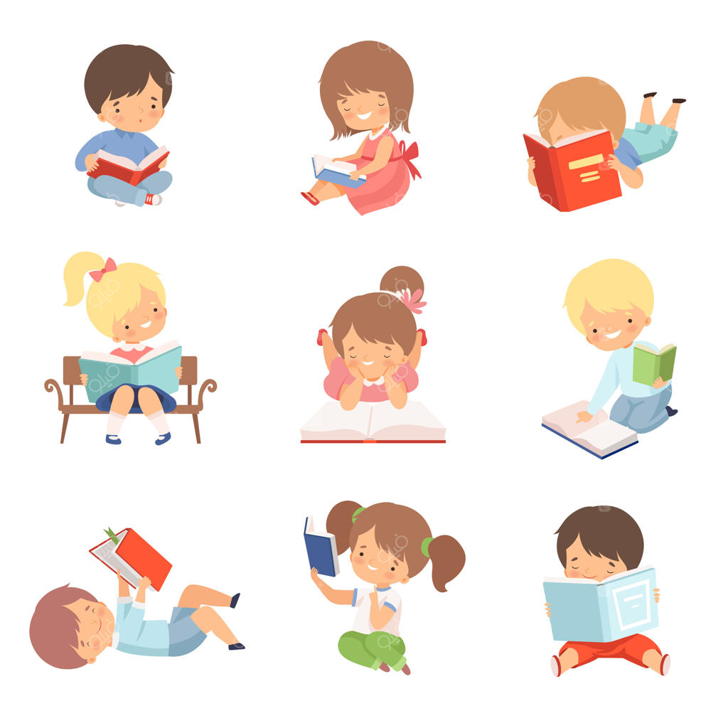 مجموعه تصویرسازی شخصیت‌های کودک در حال یادگیری خواندن
