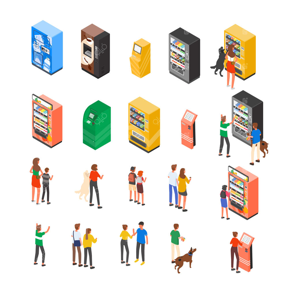 مجموعه‌ای از دستگاه‌های فروش خودکار، دستگاه‌های خودپرداز، کیوسک‌های تعاملی یا پایانه‌های سلف‌سرویس و مشتریان یا مصرف‌کنندگانی که از آن‌ها استفاده می‌کنند. مجموعه خرده‌فروشی خودکار. تصویرسازی رنگی به سبک ایزومتریک مدرن.