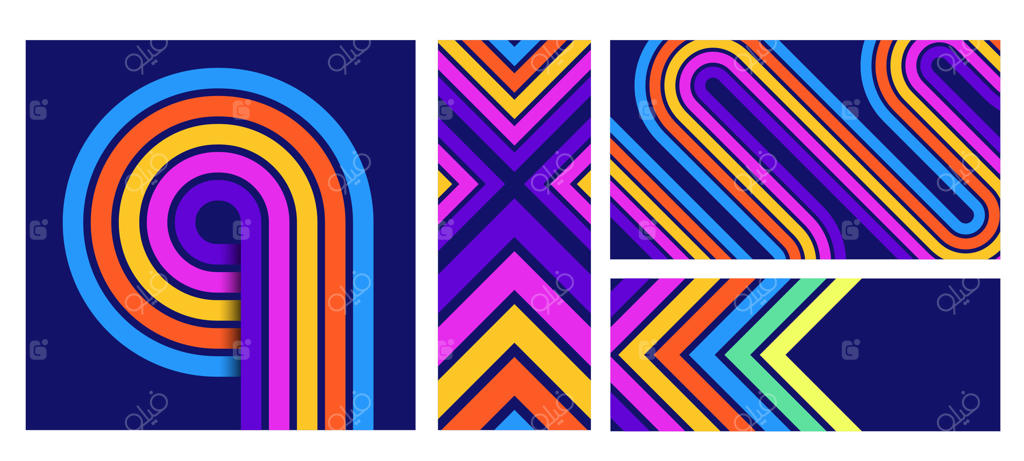 پس‌زمینه‌هایی با خطوط نواری رترو. الگوهای هندسی انتزاعی با خطوط پررنگ و رنگارنگ، پس‌زمینه‌های مدرن به سبک ذن، و قالب‌های تزئینی از بنرهای دهه ۷۰ میلادی