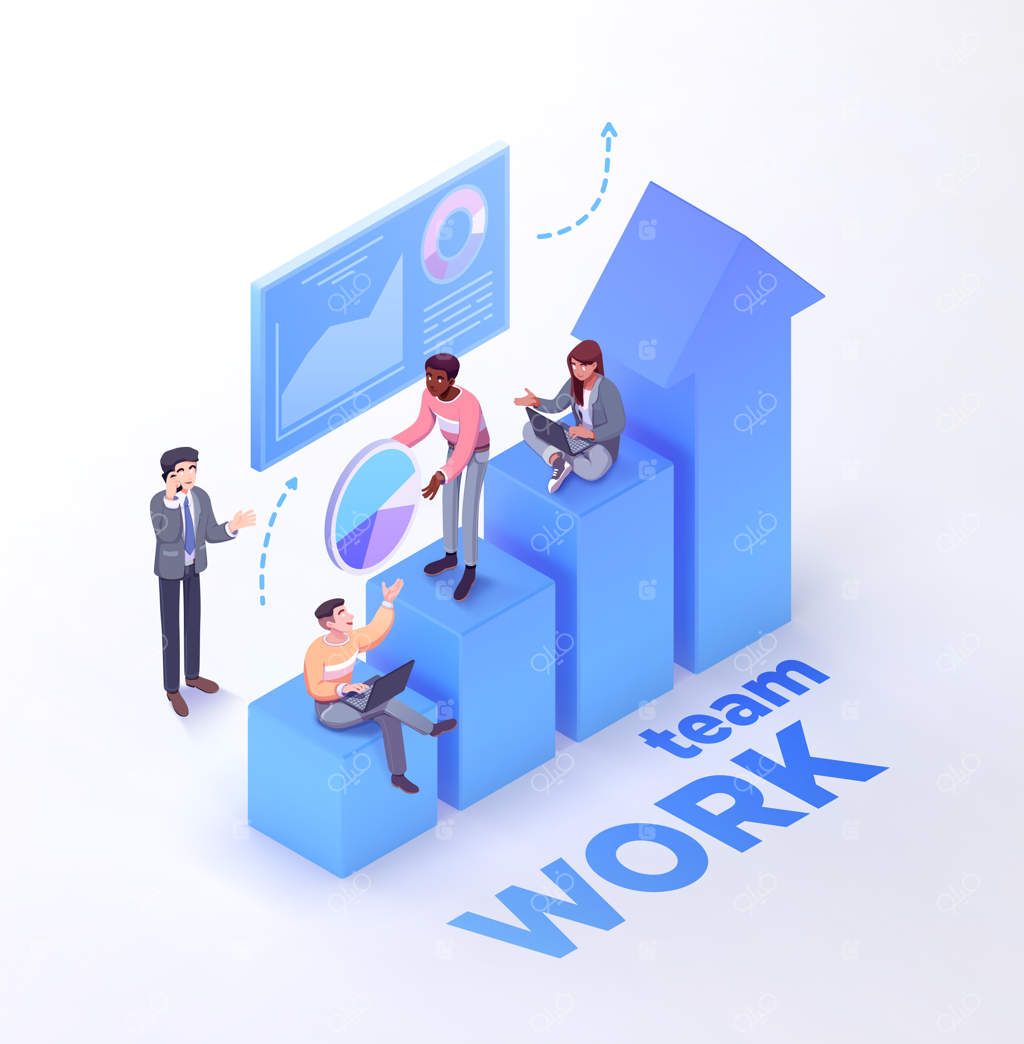 همکاری تیمی شرکت: کارکنان در مسیر موفقیت حرکت می‌کنند. تصویر وکتور