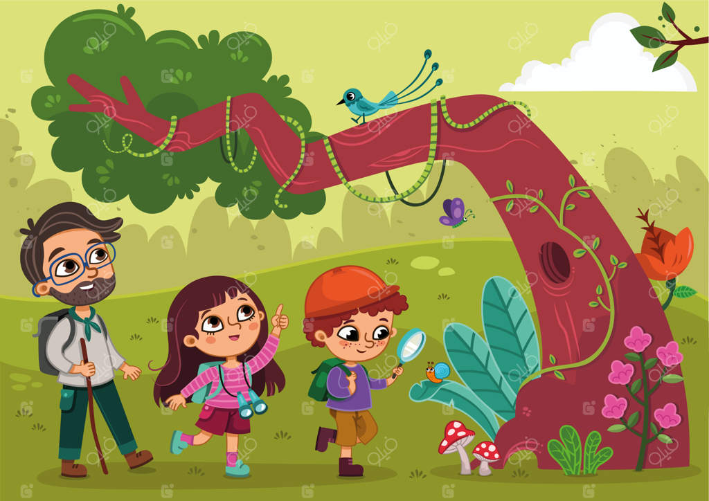 کودکان همراه معلم خود به گشت و گذاری در طبیعت رفته‌اند - تصویر وکتور