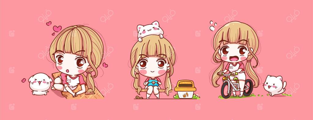 دوستی دختر و گربه در زمینه صورتی