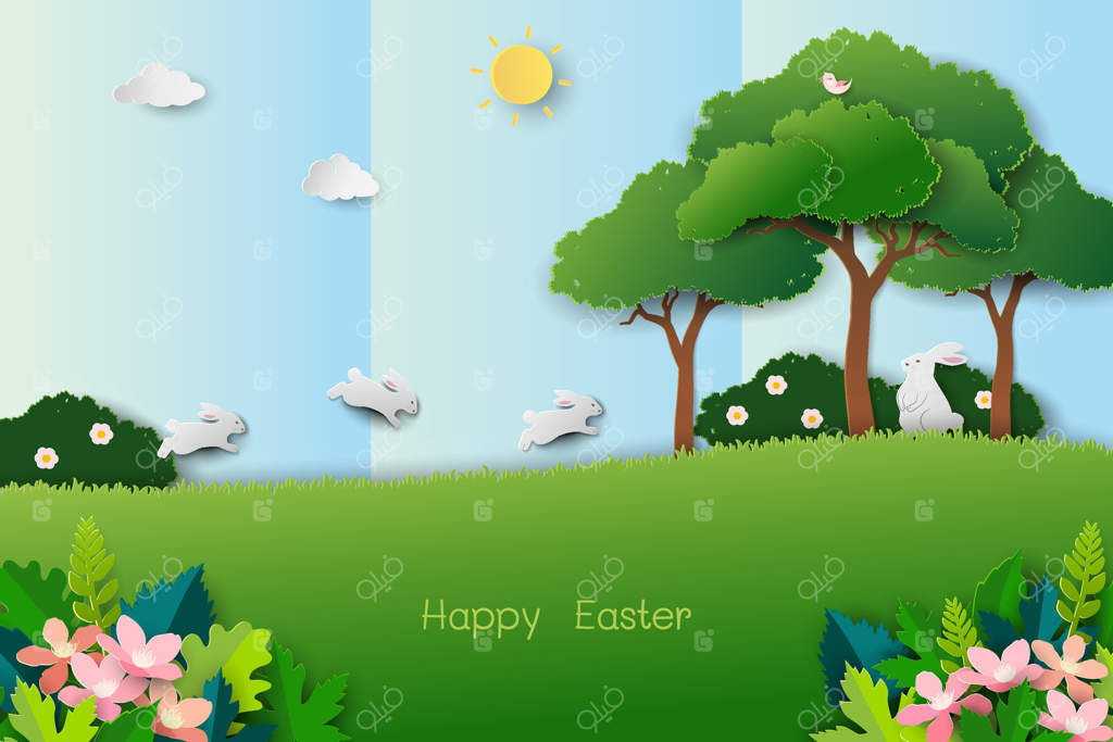 کارت پستال تبریک عید پاک: باغ بهاری با خرگوش‌های بامزه در سبک کاغذ و کاردستی