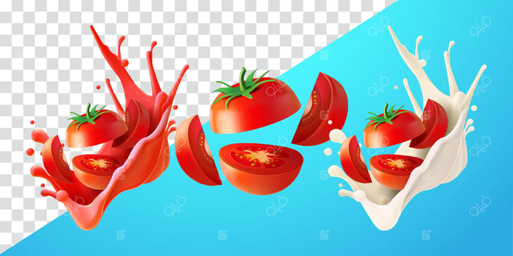 برش‌های گوجه فرنگی با قطرات پرتابی آب‌دار و شیر تازه. مناسب برای دکوراسیون، تزیینات، غذا و نوشیدنی‌ها