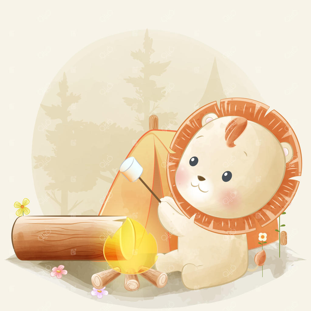 تصویرسازی آبرنگ شیر کوچولوی بامزه در حال کباب کردن مارشمالو روی آتش کمپ