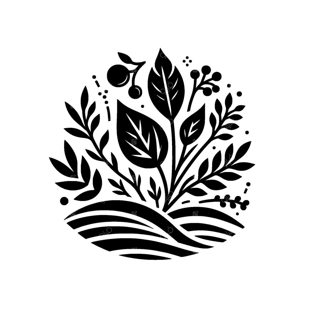 ترکیب مینیمالیستی سیاه و سفید گیاهان: صحنه‌ای استیلیز از یک باغ با برگ‌ها، توت‌ها و تپه‌های ملایمی که در دایره‌ای قرار گرفته‌اند.