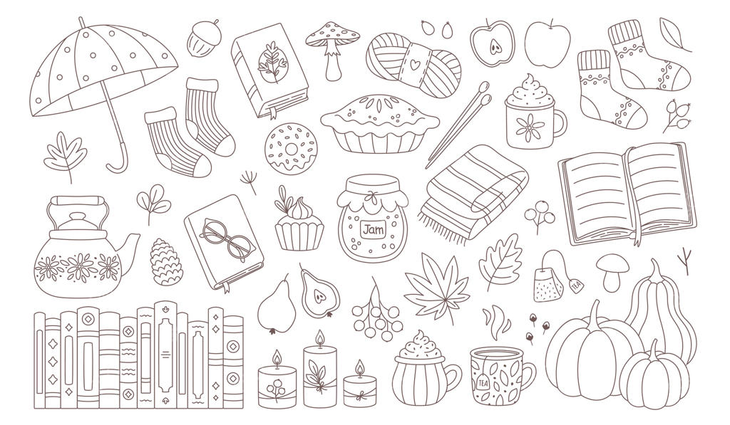 مجموعه عناصر پاییزه: اشیای دوست‌داشتنی و دنج فصل. پاییز، روز شکرگزاری. کتاب رنگ‌آمیزی پاییزی