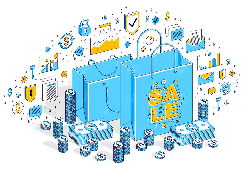 مفهوم فروش ویژه: خرده‌فروشی، تخفیف بزرگ و کیف خرید با پول نقد. تصویرسازی مالی ایزومتریک سه‌بُعدی با آیکون‌ها، نمودارها و عناصر طراحی.