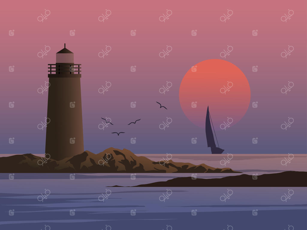 جزیره فانوس دریایی در غروب با قایق بادبانی و پرندگان شناور