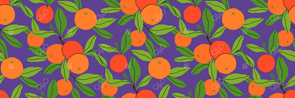 طرح یکدست میوه پرتقال با برگ‌ها بر روی زمینه بنفش. پس‌زمینه تابستانی و شاداب مرکبات. مناسب برای نساجی، کاغذ، کاغذدیواری، و بسته‌بندی. تصویرسازی تخت.