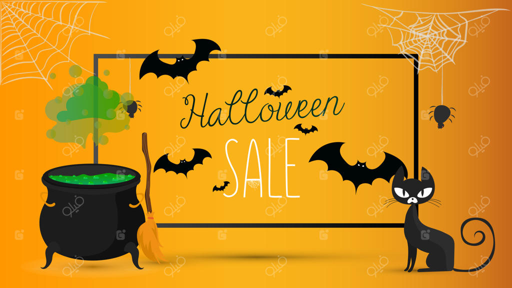 بنر حراج هالووین: عناصر هالووینی. گربه سیاه، دیگ جوشان با معجون.