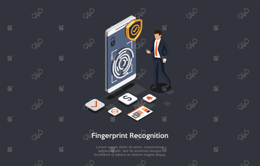 فناوری‌های نوآورانه، مفهوم شناسایی اثر انگشت. مردی از شناسایی اثر انگشت برای دسترسی به حساب‌های بانکی، تقویم، ساعت زنگ‌دار و دیگر امکانات گوشی هوشمند استفاده می‌کند.