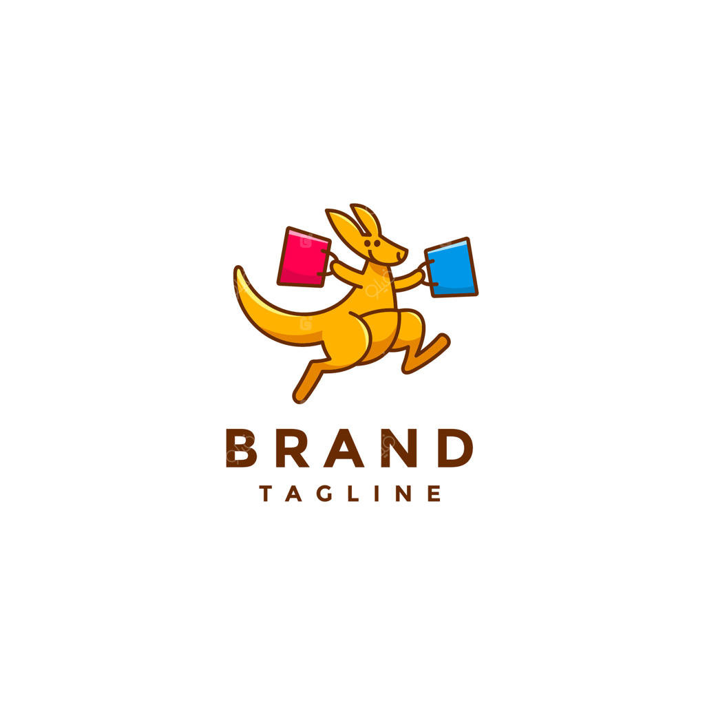 طراحی لوگو شاد خرید با نماد کانگورو: طراحی لوگوی کانگورو در حال پیاده‌روی و حمل کیف‌های خرید با شادی.