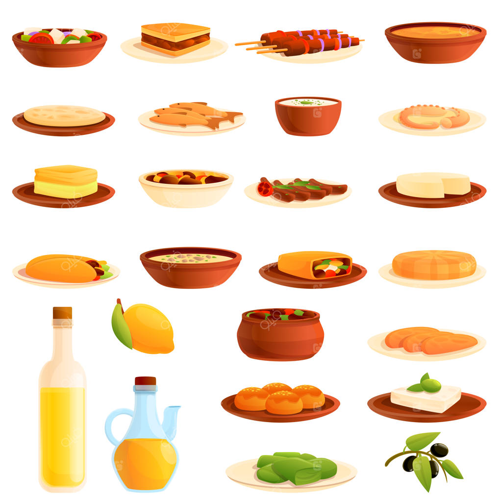 مجموعه‌ای از نمادهای غذایی یونانی به سبک کارتونی