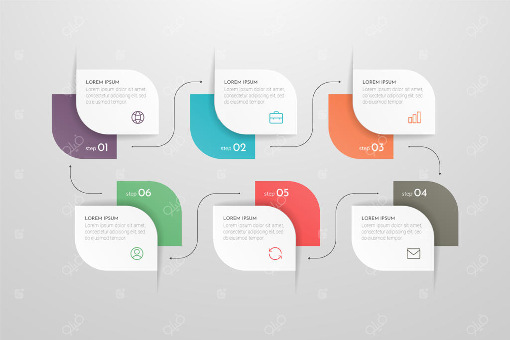اینفوگرافیک مدرن ۶ مرحله‌ای با عناصر فرآیند؛ تایم‌لاین مفهومی تجاری