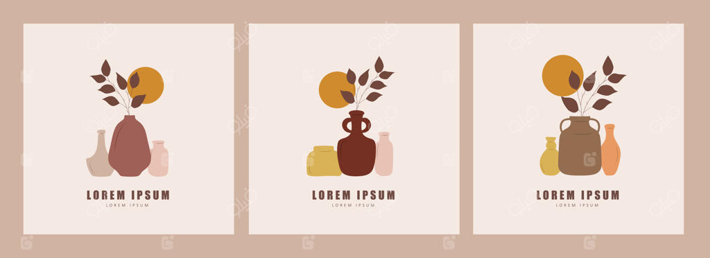 مجموعه پوسترهای گلدان‌ها به سبک بوهو: سیلوئت‌های انتزاعی از ظروف سرامیکی و کوزه‌های سفالی در رنگ‌های پاستلی. دکور دیواری مدرن برای خانه. طراحی دستی. لوگو برای شرکت شما.