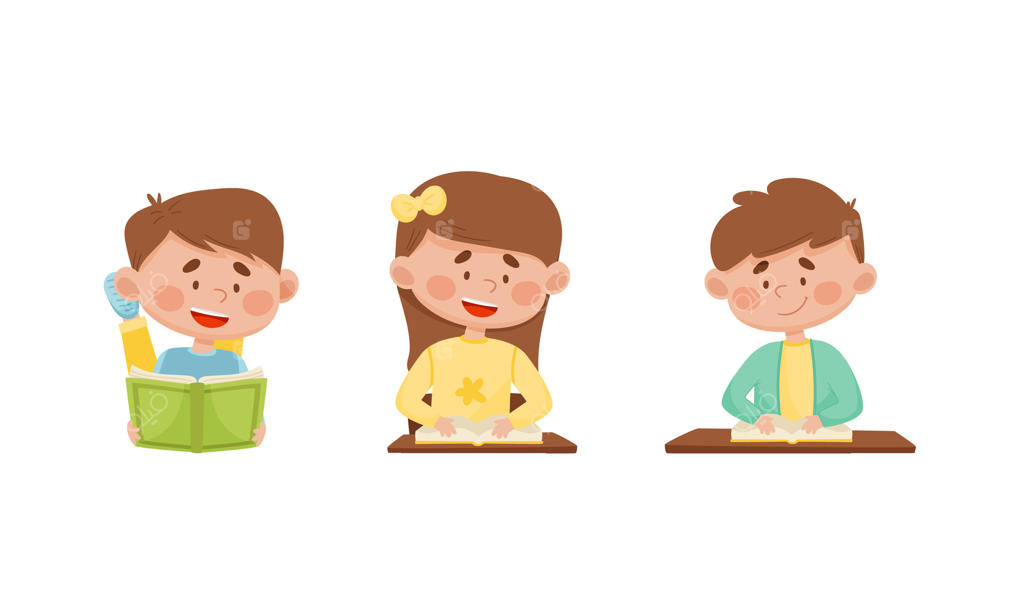 پسران بامزه در حال خواندن کتاب در کتابخانه یا کلاس درس. دانش‌آموزان دبستان با کتاب‌ها. تصویرسازی کارتونی آموزش کودکان