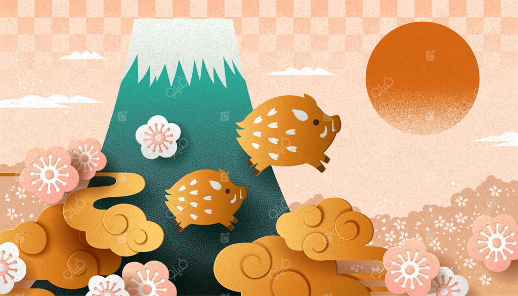 سال نو ژاپنی با سبک هنری کاغذی: گراز و کوه فوجی