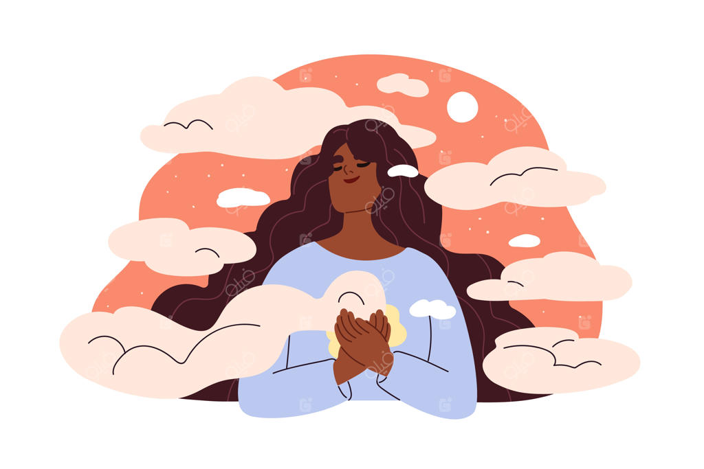 زن شاد در میان ابرها: مفاهیم شادی، روانشناسی، هماهنگی و آرامش. آرامش ذهنی، اعتقاد و بی‌خیالی. تصویرسازی گرافیکی وکتور از دختری آرام بر زمینه سفید.