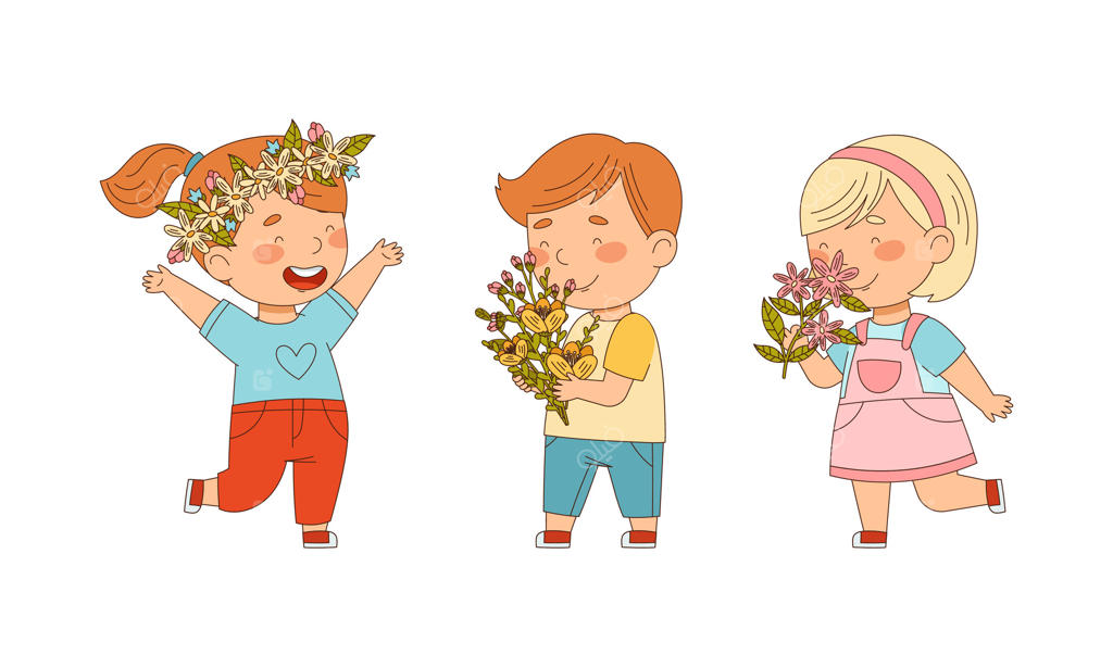 کودکان شاد با گل‌های بهاری یا تابستانی - تصویرسازی کارتونی