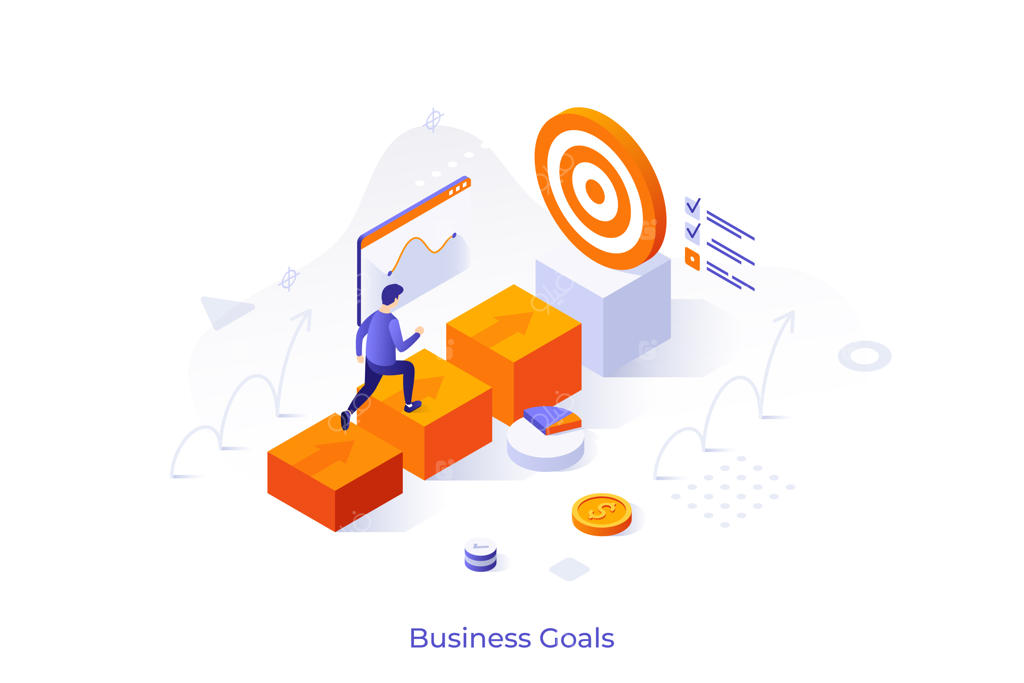 پترن مفهومی بازرگان در حال حرکت به سوی هدف یا مردی در حال صعود از پله‌های موفقیت - صحنه‌ای برای پیشرفت و توسعه اهداف کاری، تصویر ایزومتریک مدرن