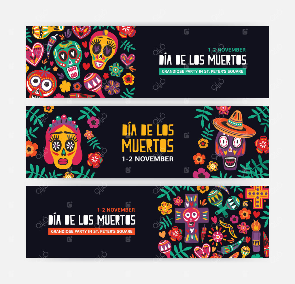 مجموعه‌ای از الگوهای افقی بنر وب با تزیینات جمجمه‌های مکزیکی
