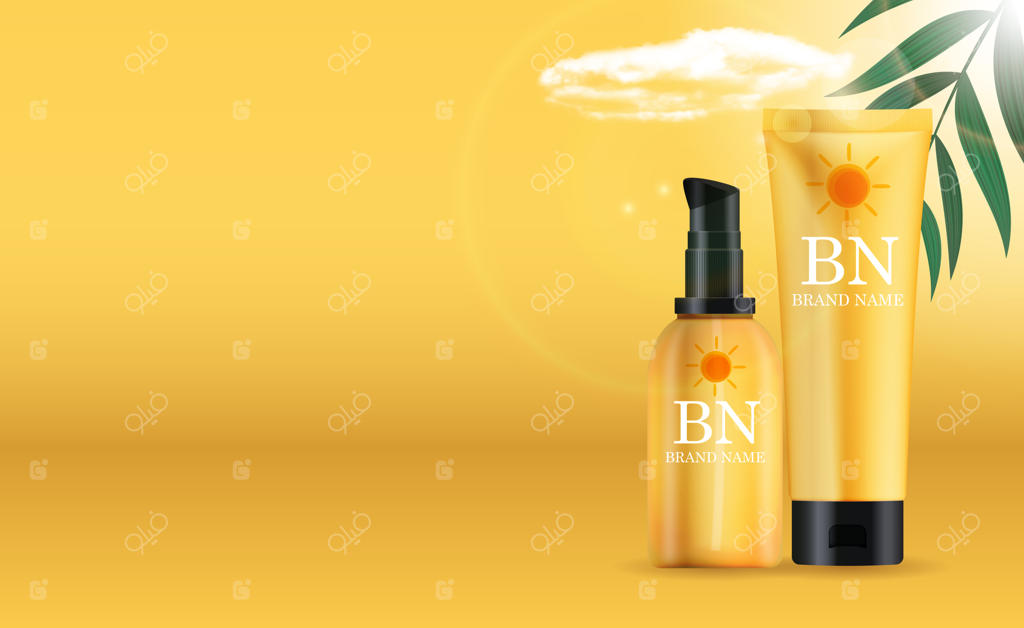 بطری کرم ضد آفتاب سه‌بعدی با ابر و برگ‌های نخل.