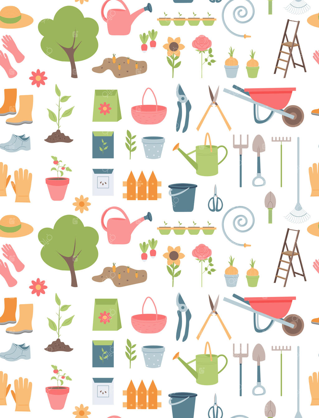 پترن یکپارچه وکتور از لوازم باغبانی. ابزارها و مفاهیم باغ و باغچه
