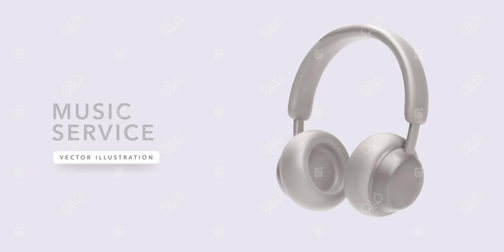 بنر تبلیغاتی برای سرویس آنلاین موسیقی با تصویر واقع‌گرایانه هدفون‌ها