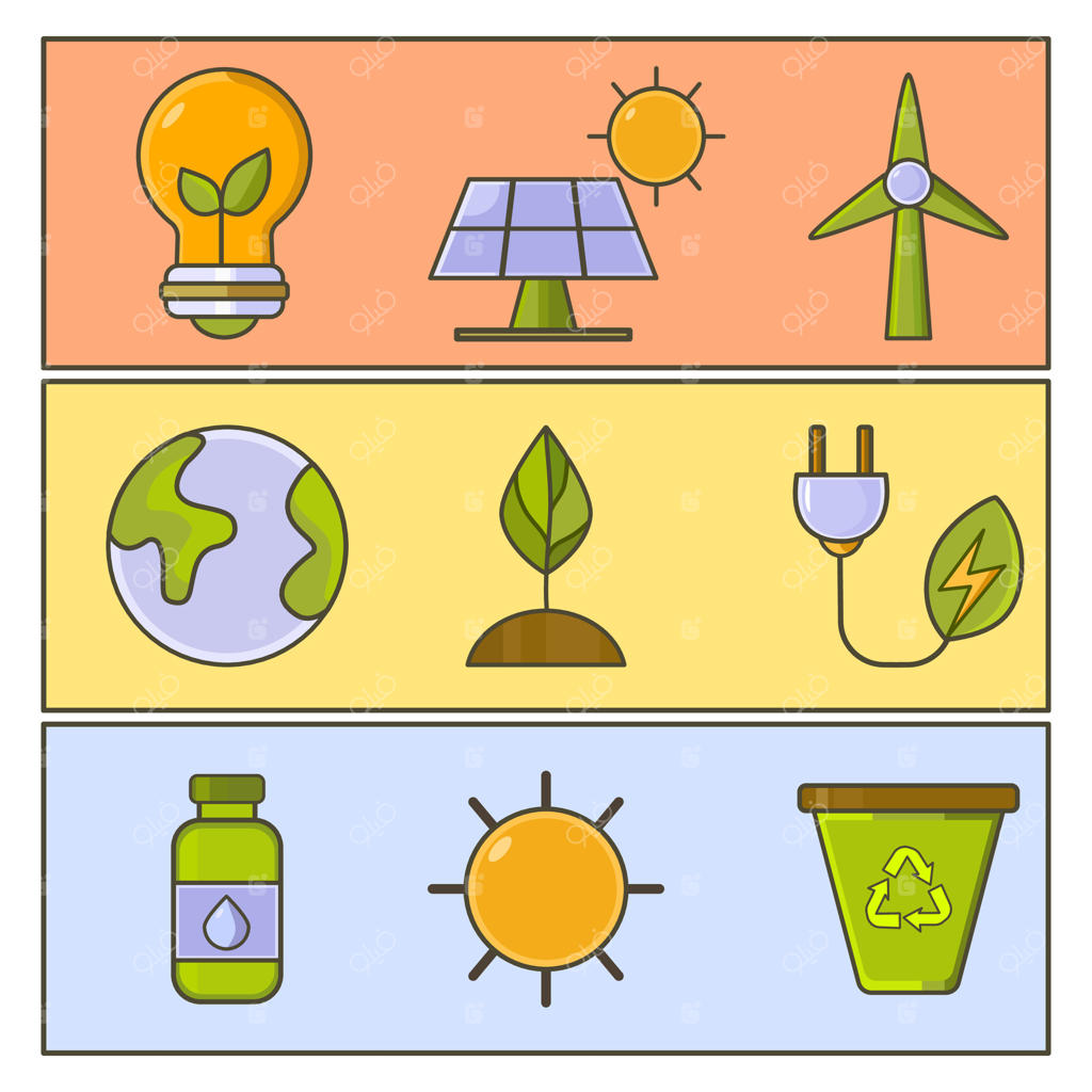 مجموعه‌ای از آیکون‌های طراحی تخت مرتبط با انرژی‌های سبز و تجدیدپذیر، شامل پنل خورشیدی، توربین بادی، سطل بازیافت، پریز برق، خورشید، برگ، لامپ و کره زمین سبز.