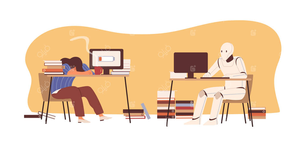 مفهوم ربات در برابر انسان: هوش مصنوعی و کارایی بالا در محیط کار در برابر خستگی انسان.