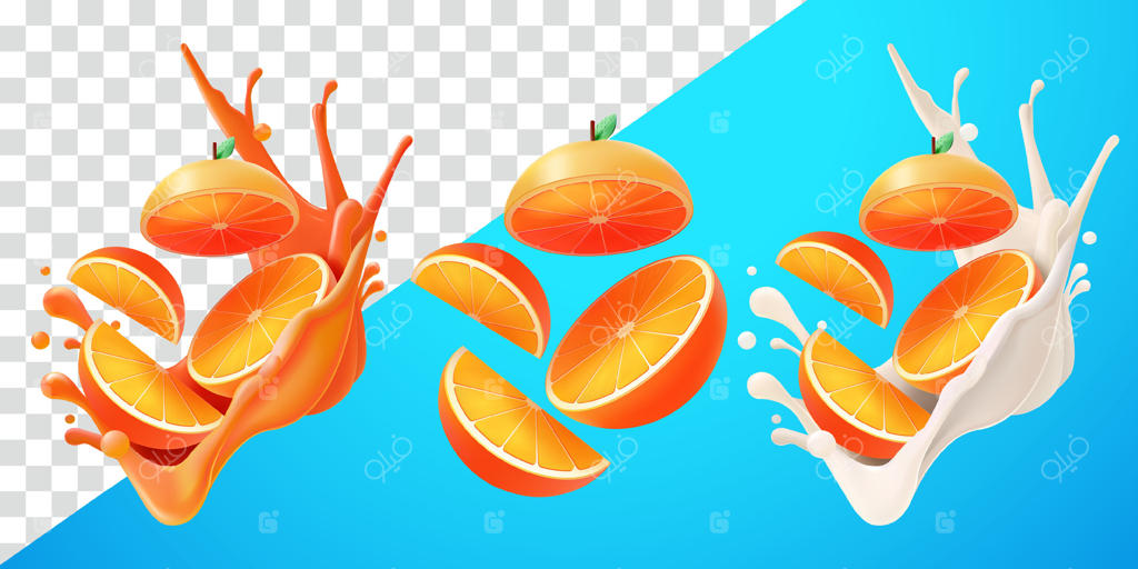 برش‌های پرتقال با پاشش آب و شیر تازه. مناسب برای دکوراسیون، تزئینات، غذا و نوشیدنی‌ها