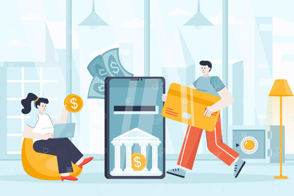 مفهوم بانکداری موبایلی در طراحی تخت: تصویرسازی شخصیت‌ها برای صفحه فرود