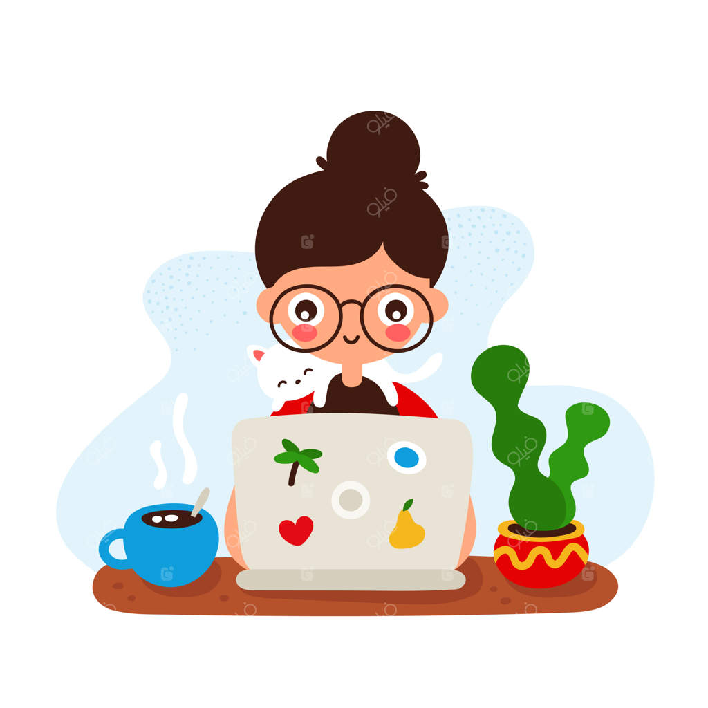 دختر جوان شاد و خندان پشت میز با لپ‌تاپ و گربه.