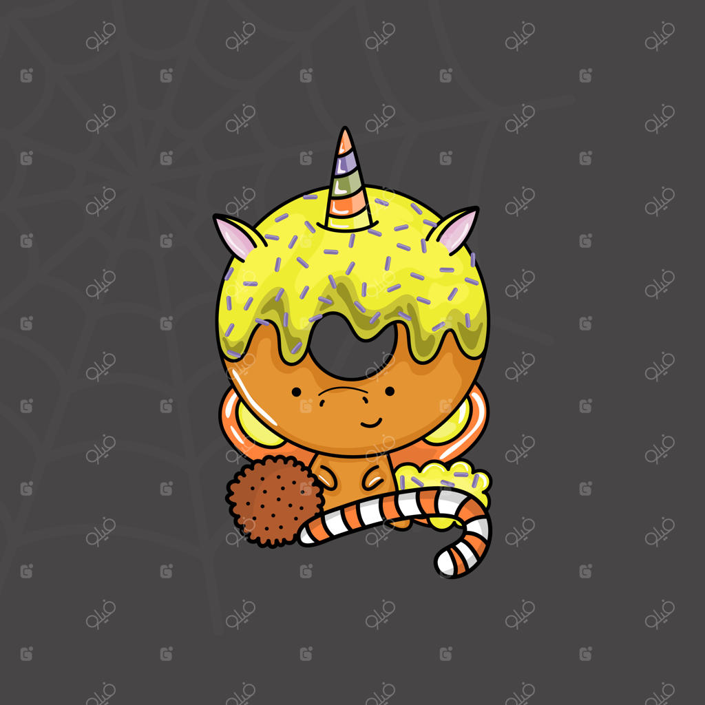 مجموعه کلیپ آرت تک‌شاخ هالووین رنگارنگ و سیاه‌سفید. دونات تک‌شاخ بامزه هالووین