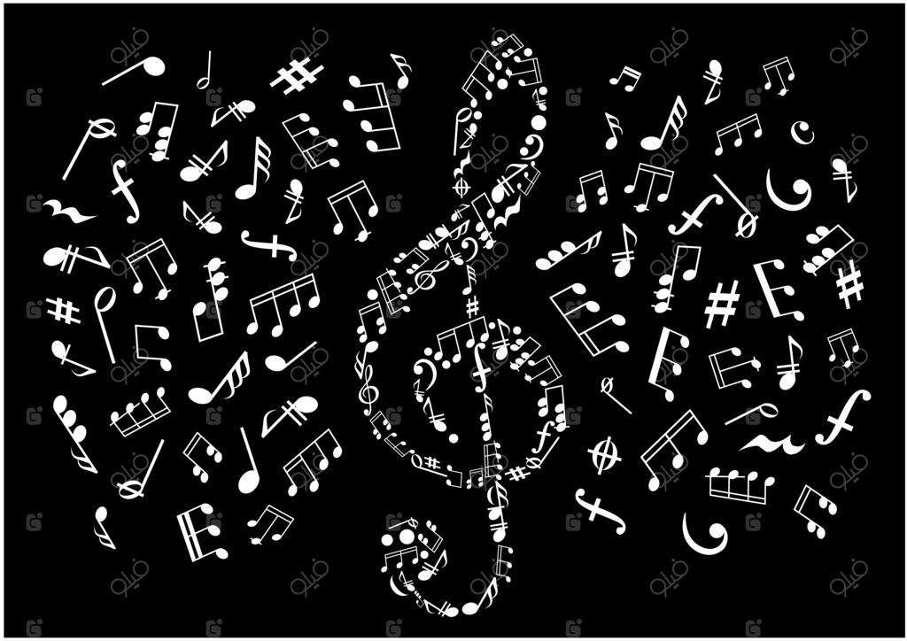 کلید سل سیاه و سفید همراه با نت‌های موسیقی